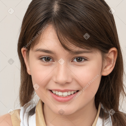 Joyful white child female with medium  brown hair and brown eyes