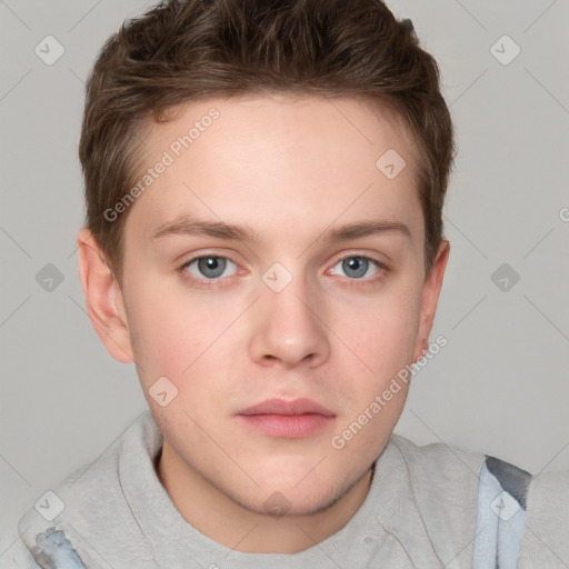 Neutral white young-adult male with short  brown hair and grey eyes