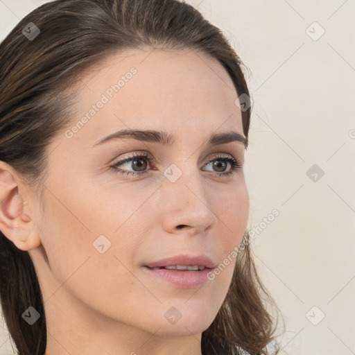 Neutral white young-adult female with long  brown hair and brown eyes