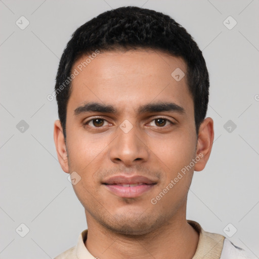 Neutral latino young-adult male with short  black hair and brown eyes