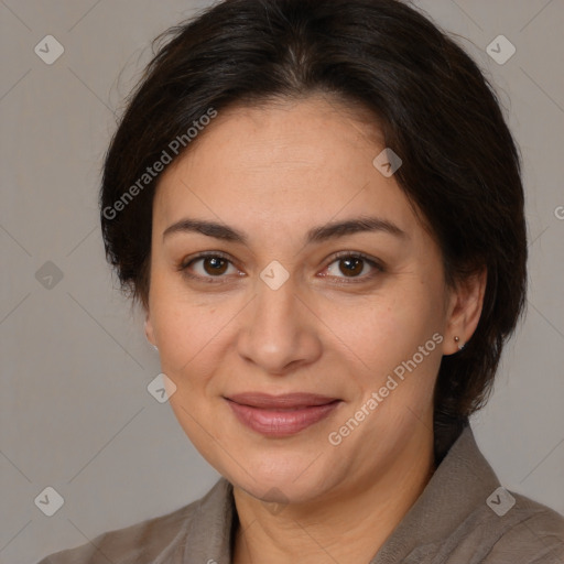 Joyful white adult female with medium  brown hair and brown eyes