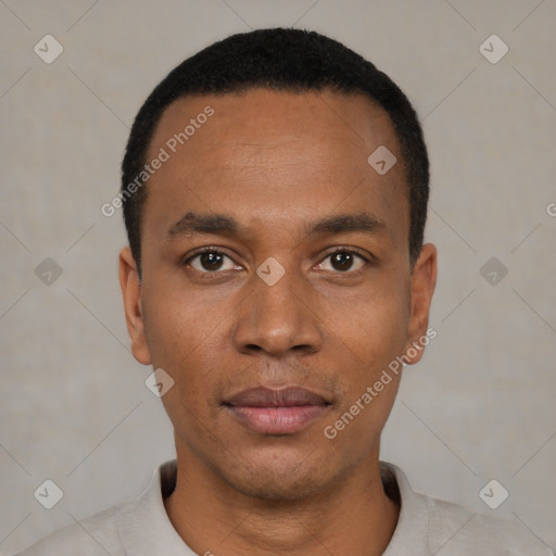 Neutral latino young-adult male with short  black hair and brown eyes