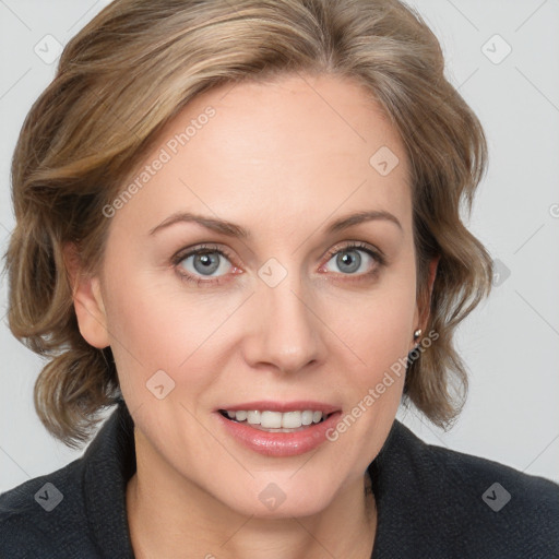 Joyful white young-adult female with medium  brown hair and blue eyes