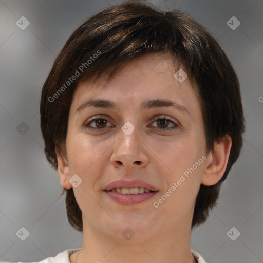 Joyful white young-adult female with medium  brown hair and brown eyes