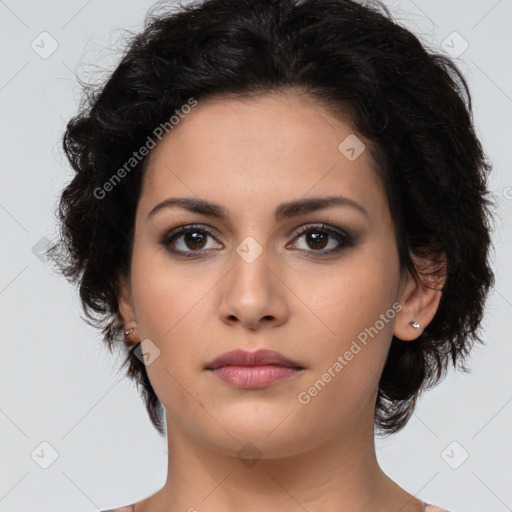 Neutral latino young-adult female with medium  brown hair and brown eyes