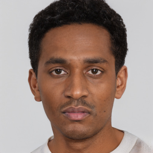Neutral black young-adult male with short  black hair and brown eyes