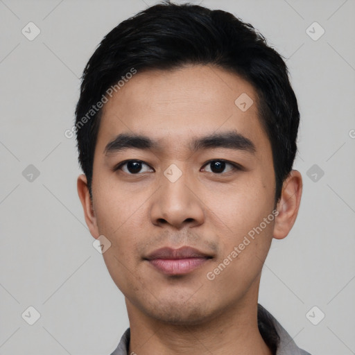 Neutral asian young-adult male with short  black hair and brown eyes