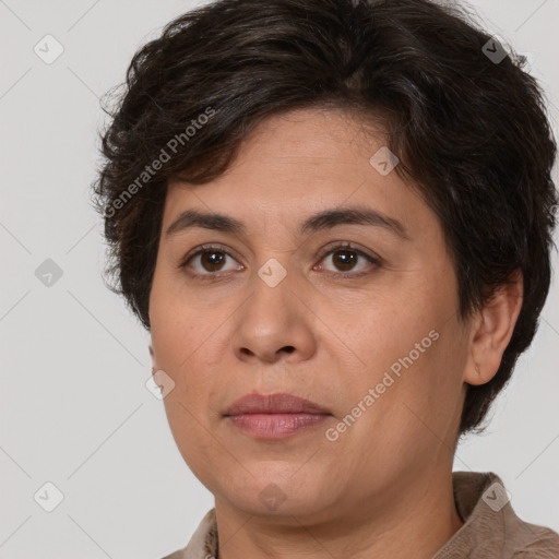 Joyful white adult female with short  brown hair and brown eyes