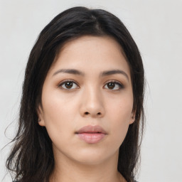 Neutral asian young-adult female with long  brown hair and brown eyes