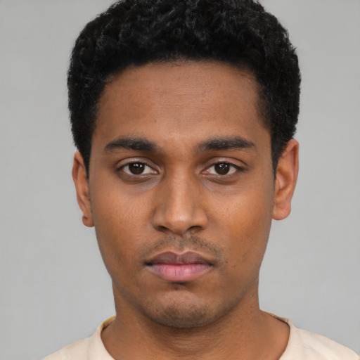 Neutral black young-adult male with short  black hair and brown eyes
