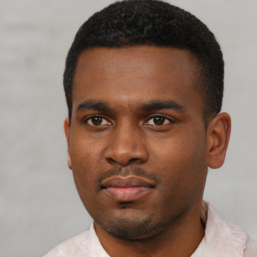 Neutral black young-adult male with short  black hair and brown eyes