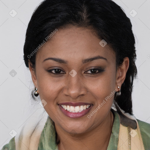 Joyful latino young-adult female with long  brown hair and brown eyes