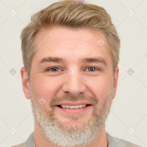 Joyful white adult male with short  brown hair and grey eyes