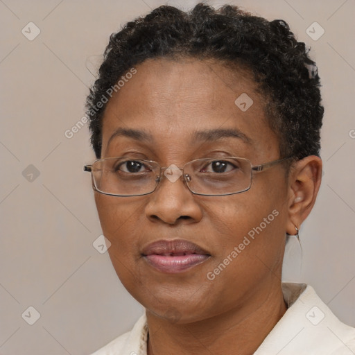 Joyful black adult female with short  brown hair and brown eyes