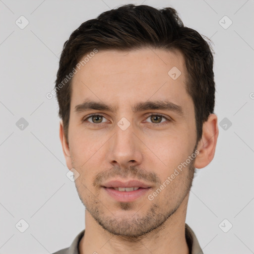 Joyful white young-adult male with short  brown hair and brown eyes