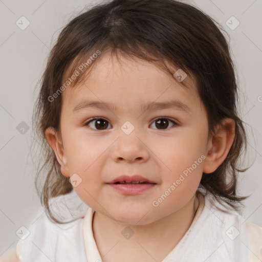 Joyful white child female with medium  brown hair and brown eyes