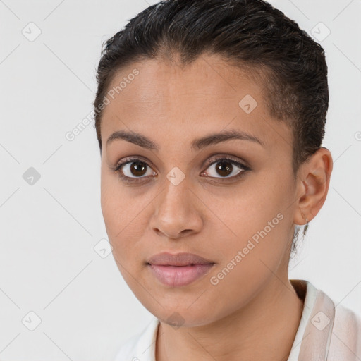 Joyful white young-adult female with short  brown hair and brown eyes