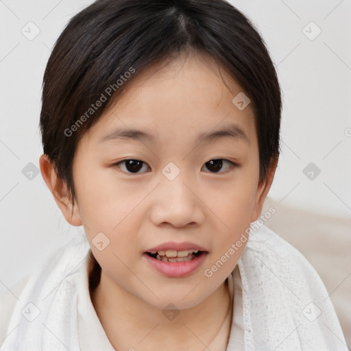 Joyful white child female with medium  brown hair and brown eyes