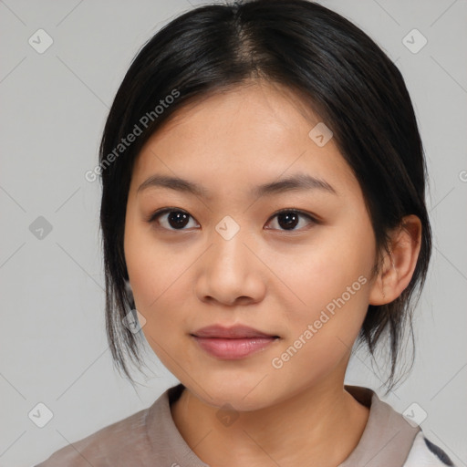 Neutral asian young-adult female with medium  black hair and brown eyes