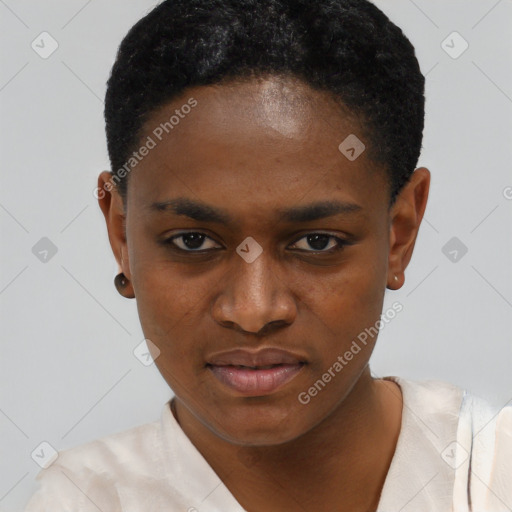 Joyful black young-adult female with short  black hair and brown eyes