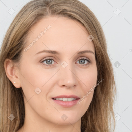 Joyful white young-adult female with long  brown hair and grey eyes