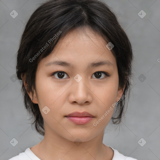 Neutral white young-adult female with medium  brown hair and brown eyes