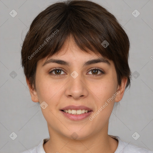 Joyful white young-adult female with short  brown hair and brown eyes