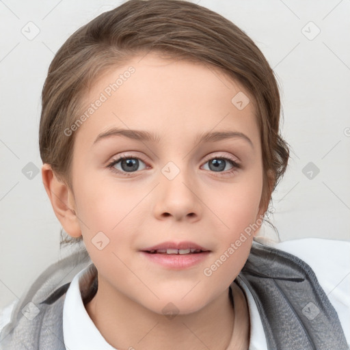 Joyful white child female with medium  brown hair and brown eyes