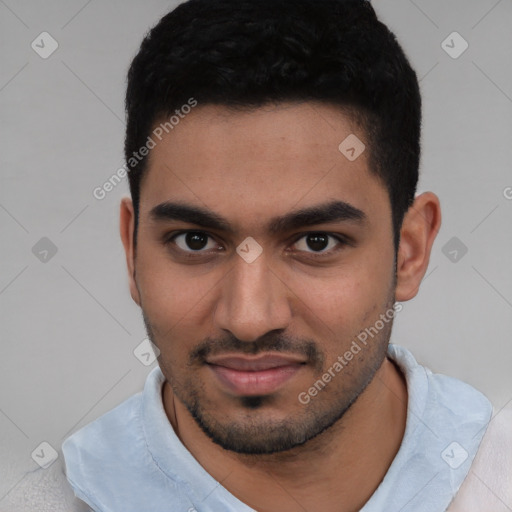 Joyful white young-adult male with short  black hair and brown eyes