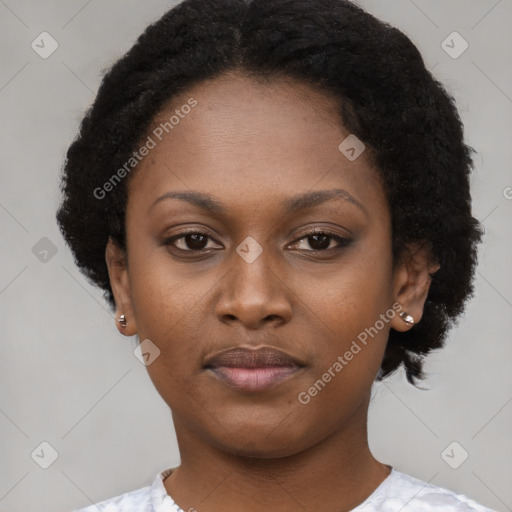 Neutral black young-adult female with short  black hair and brown eyes