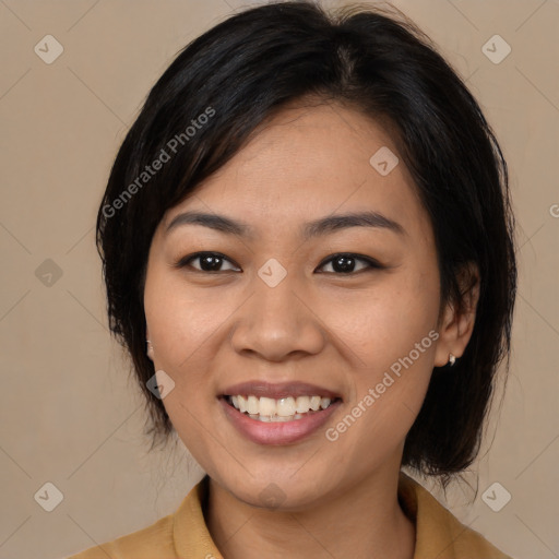 Joyful latino young-adult female with medium  brown hair and brown eyes