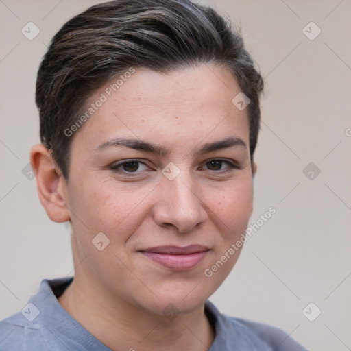 Joyful white young-adult female with short  brown hair and brown eyes