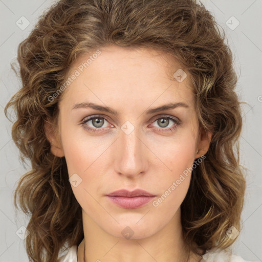 Neutral white young-adult female with medium  brown hair and green eyes