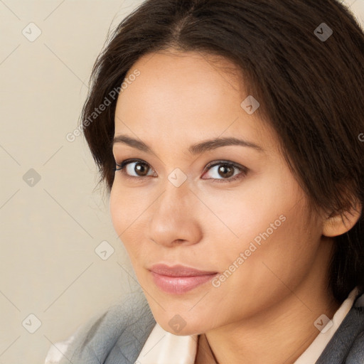 Neutral white young-adult female with long  brown hair and brown eyes