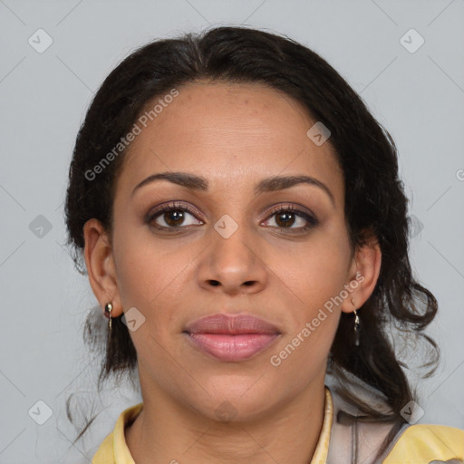 Joyful latino young-adult female with medium  brown hair and brown eyes