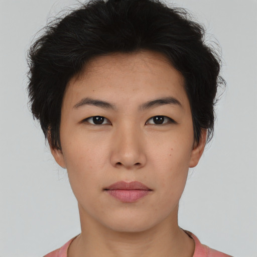 Neutral asian young-adult female with short  brown hair and brown eyes