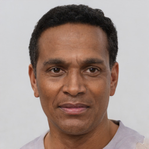 Neutral black adult male with short  black hair and brown eyes