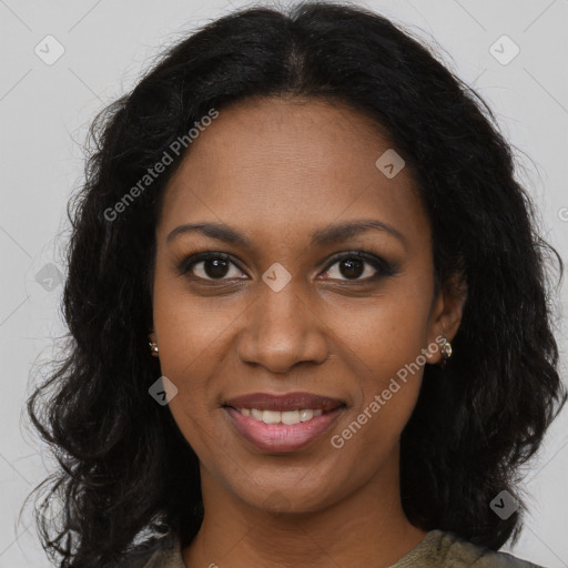 Joyful black young-adult female with long  brown hair and brown eyes