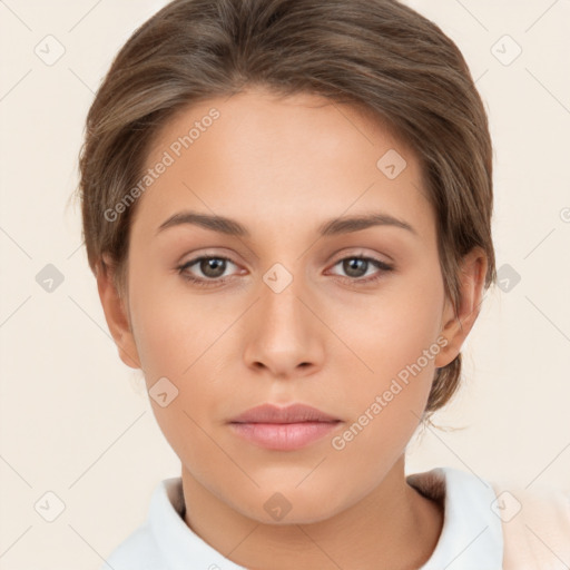 Neutral white young-adult female with short  brown hair and brown eyes