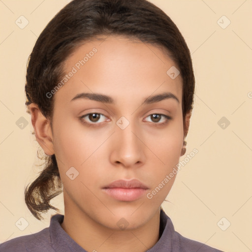 Neutral white young-adult female with short  brown hair and brown eyes