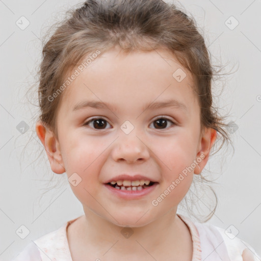 Joyful white child female with short  brown hair and brown eyes