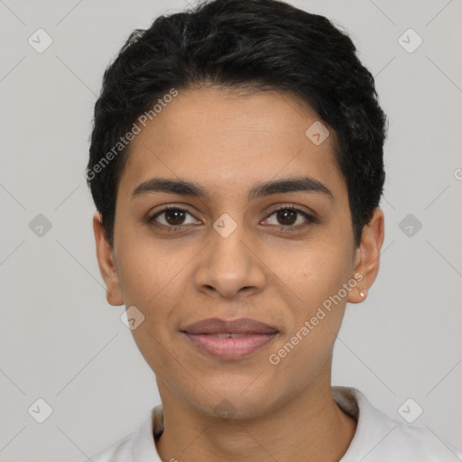 Joyful latino young-adult female with short  black hair and brown eyes