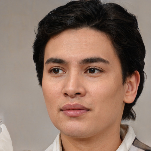 Joyful white young-adult male with medium  brown hair and brown eyes