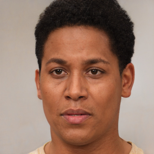 Neutral black young-adult male with short  black hair and brown eyes