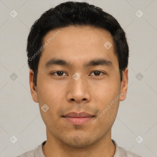 Neutral asian young-adult male with short  black hair and brown eyes