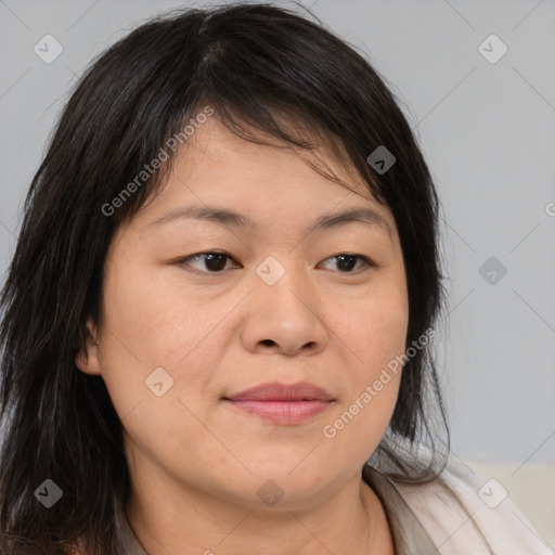 Joyful asian young-adult female with medium  brown hair and brown eyes