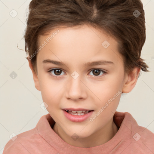 Joyful white child female with short  brown hair and brown eyes