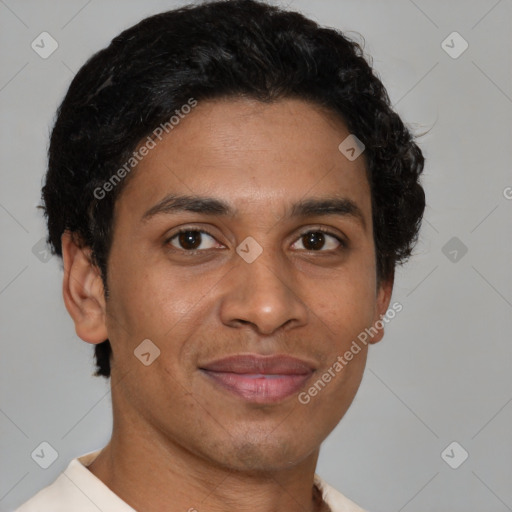 Joyful latino young-adult male with short  brown hair and brown eyes