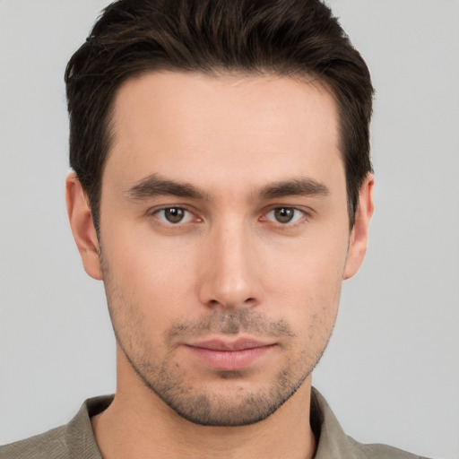 Neutral white young-adult male with short  brown hair and brown eyes