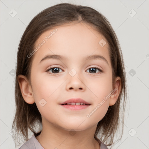 Joyful white child female with medium  brown hair and brown eyes